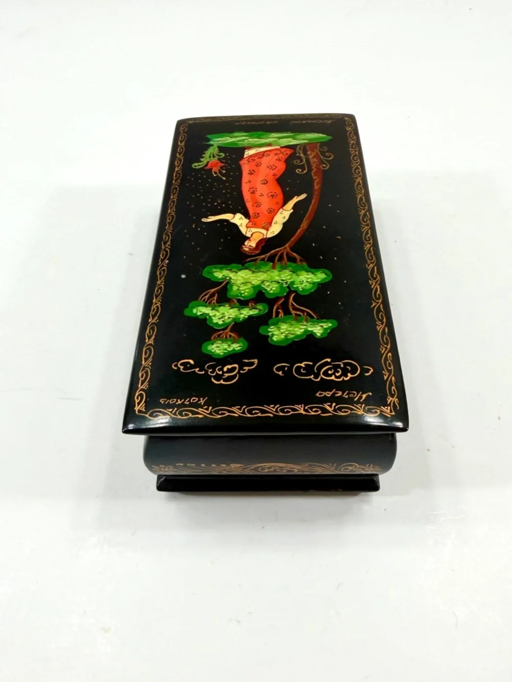 USSR Russian Palekh Lacquer Miniature Box Hand Painted, Fairy Tale Artist Signed
